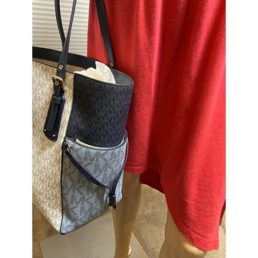 Michael Kors Blue Leather Logo Print Tote Handbag Dual Handles Sz 11x11 Luxe Bag - Picture 5 of 14